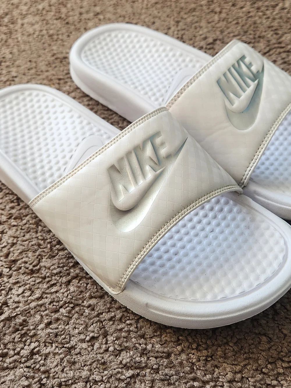 Nike White Slide Sandals with Raised Logo - Picture 1 of 3